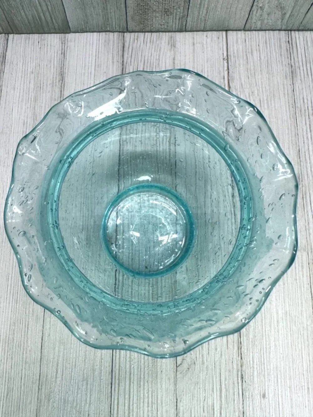 Vtg Light Blue Bubble Glass Vase with Ruffled Lip 5